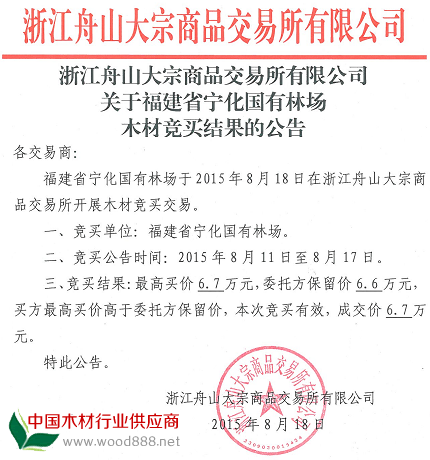 浙江舟山大宗商品交易所关于福建省宁化国有林场木材竞买结果公告