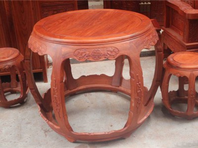 浙江工艺家具市场缅甸花梨木明轩鼓桌凳红木家具图片